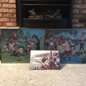 Two 16*20 “Dogs Playing Golf” art with 9*13 “Dogs Watch/Play Baseball”